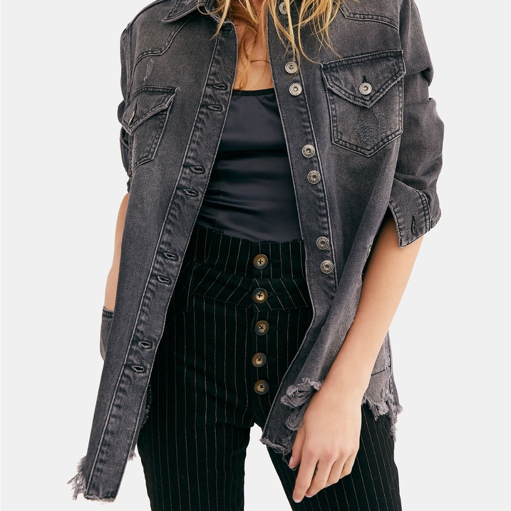 NWT Free People Distressed Black Denim Jacket